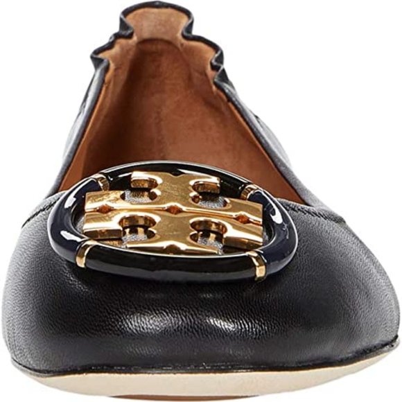 Tory Burch Enamel Logo Leather Ballet Flats Perfect Black Gold Heel Details - Picture 4 of 15